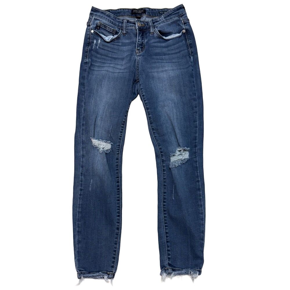 Judy Blue Jeans Womens Size 7/28 Blue Distressed Slim Cropped Stretch Pockets - Picture 2 of 9